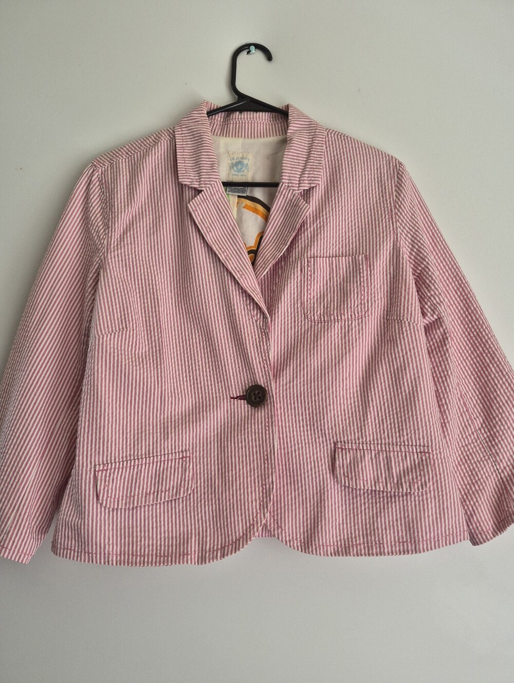 VTG 2006 Old Navy Florida Seersucker Blazer Cropped 3/4 Sleeve Jacket Pink L